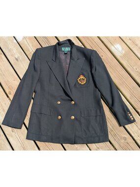 Vintage Ralph Lauren Wool Crest Blazer USA Double Breasted Gold Black Equestrian